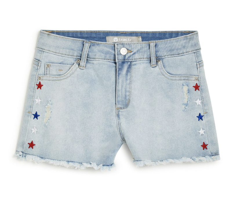 Usa Star Print Embroidery Short With Fray Hem