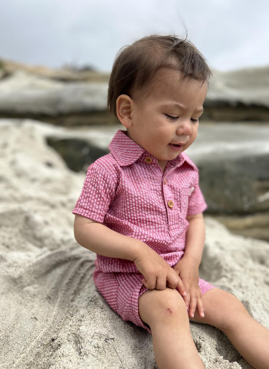 Sandy Coral Seersucker Polo Romper