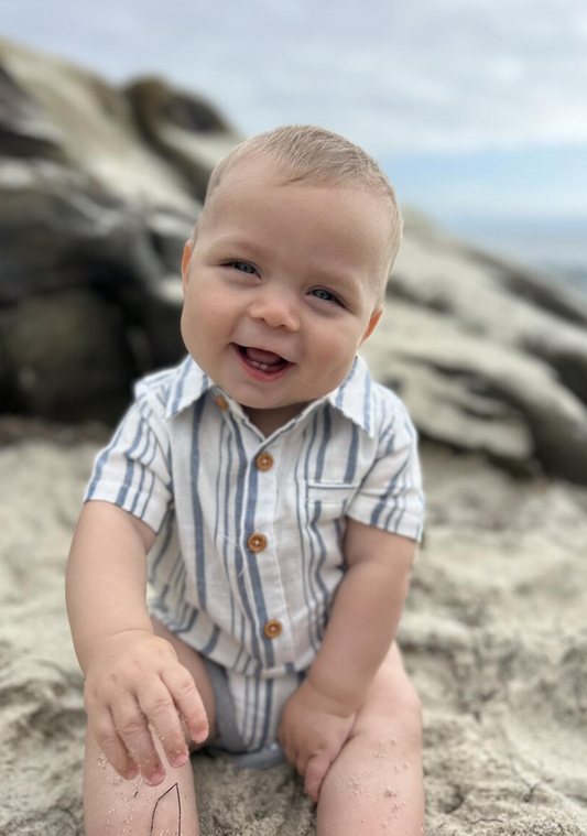 Helford Blue/White Stripe Woven Onesie