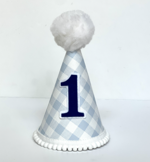 Lt Blue Gingham Party Hat- 1 Year