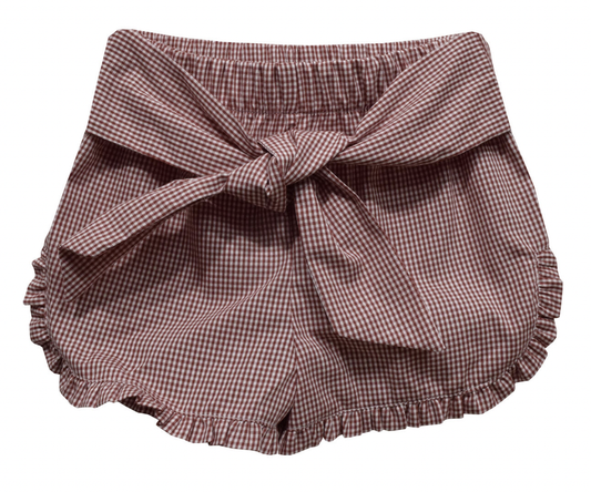 Maroon Gingham Girls Ruffle Short with Bow