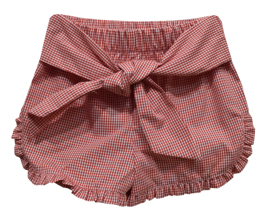 Red Cardinal Gingham Girls Ruffle Short with Bow