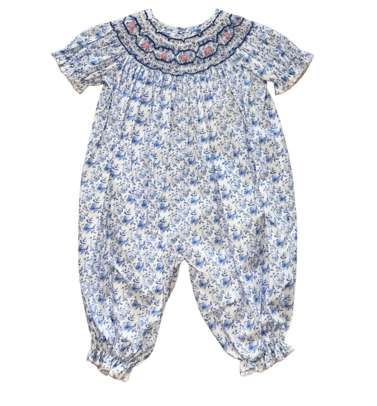 Girls Blue Floral Smocked Long Bubble