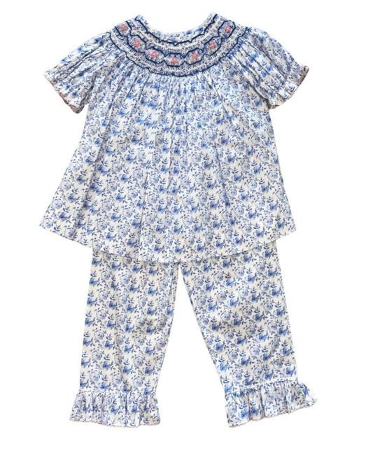 Girls Blue Floral Smocked Ruffle Pant Set