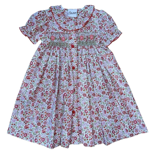 Girls Rust Floral Button Front Smocked Dress