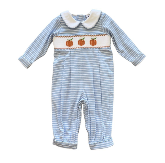 Boys Blue Mini Stripe Smocked Pumpkin Long Romper