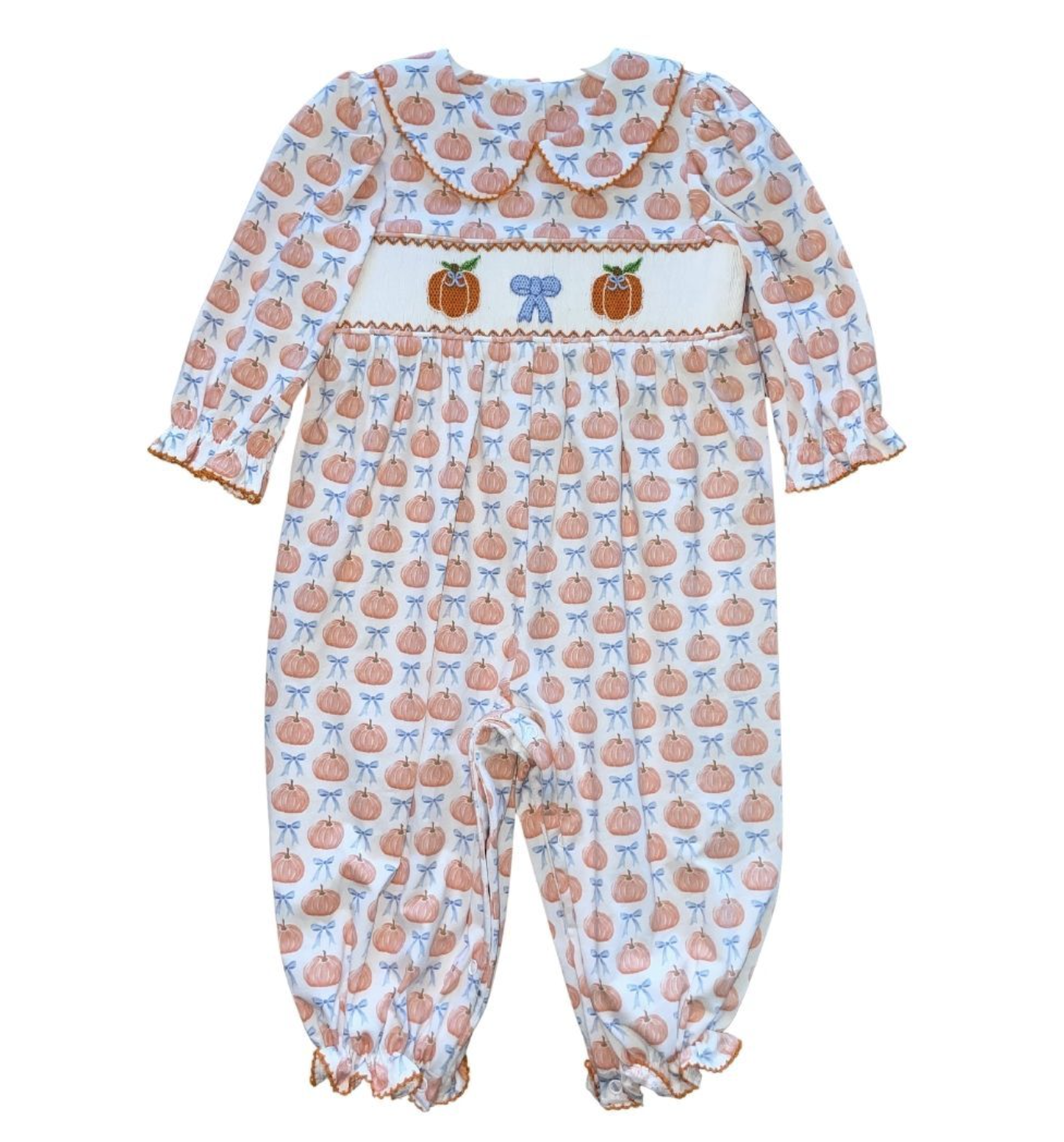 Girls LS Pumpkin Bow Smocked Long Bubble