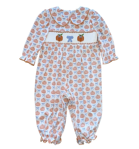 Girls LS Pumpkin Bow Smocked Long Bubble