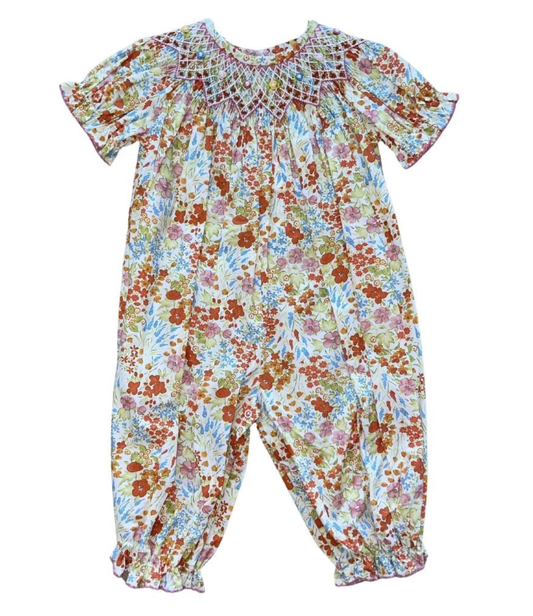 Girls Floral Smocked Long Bubble