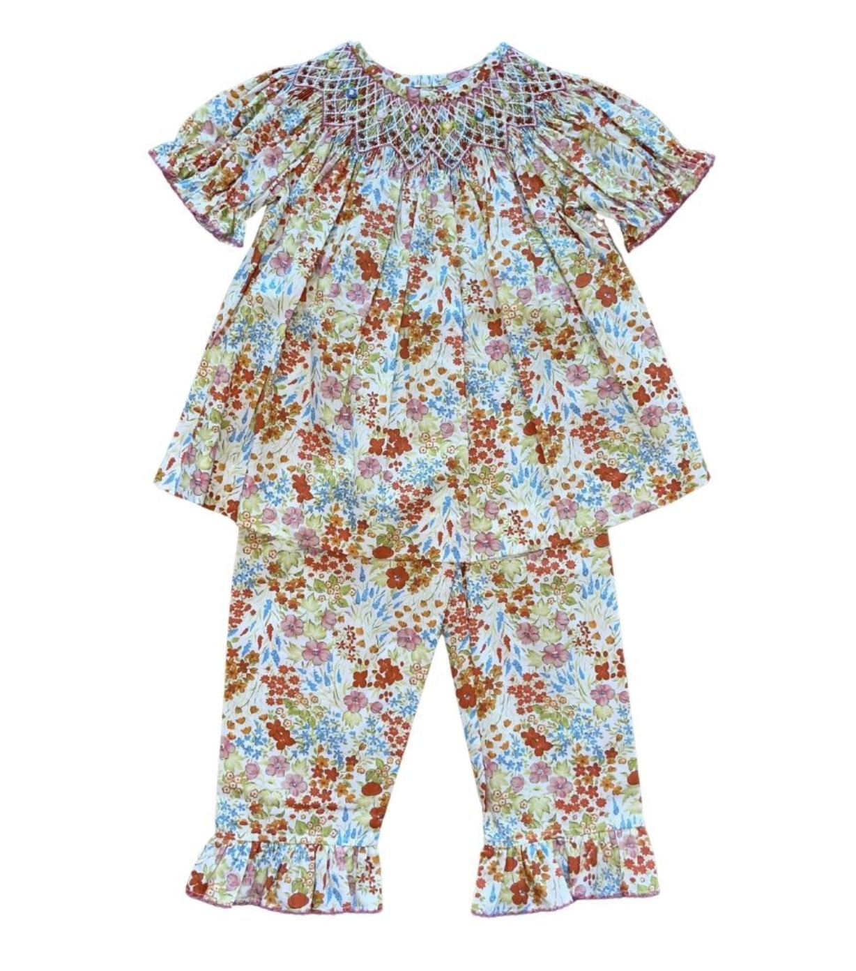 Girls Floral Smocked Ruffle Pant Set