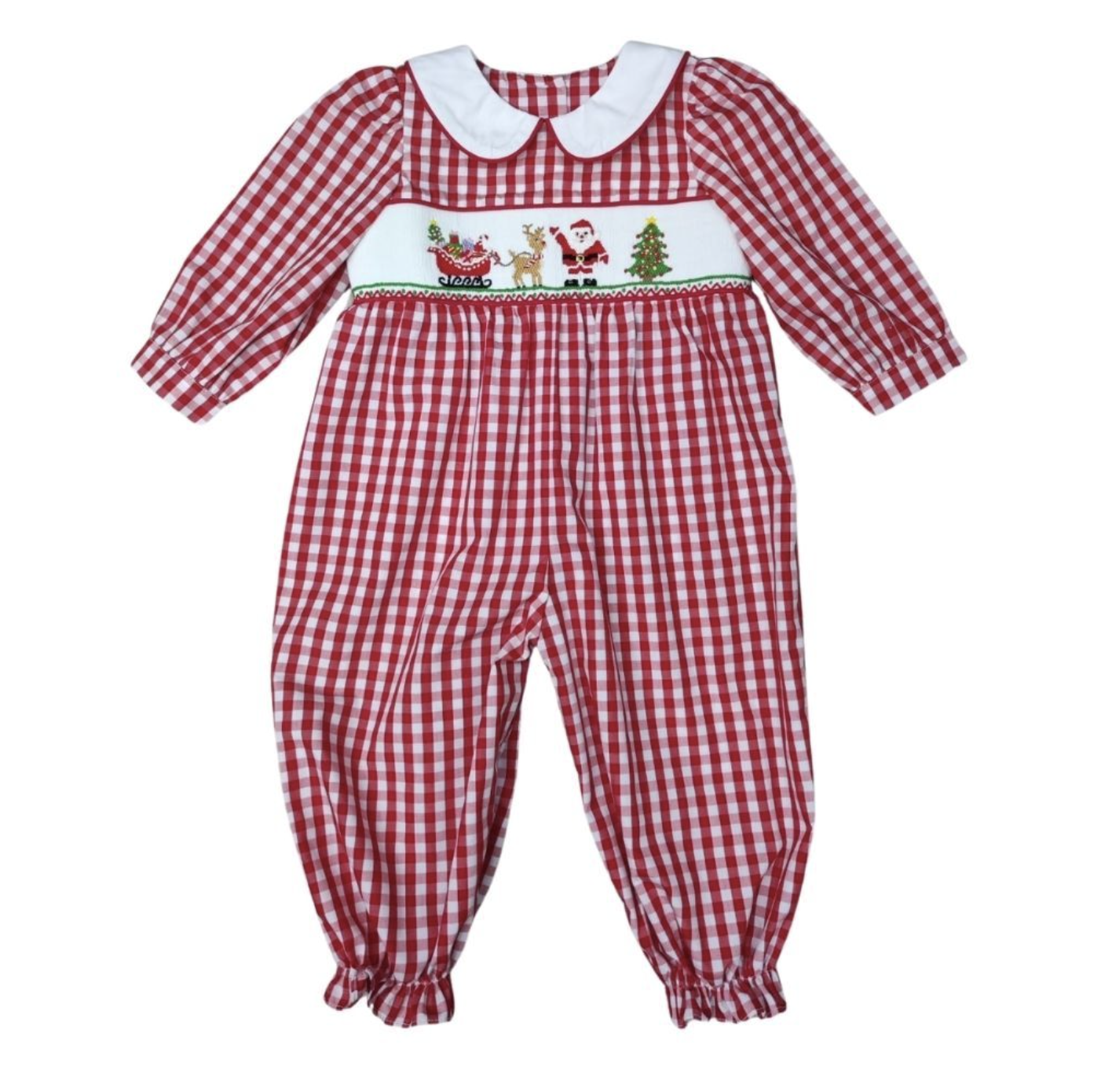 Girls Red Check Smocked Santa Reindeer Long Bishop