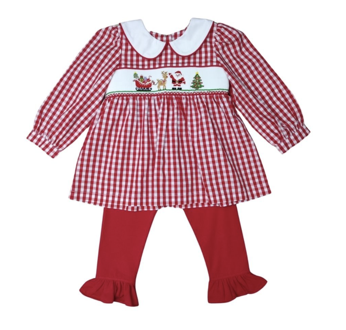 Girls Red Check Smocked Santa Reindeer Pant Set