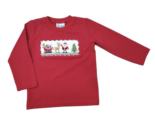 Boys Red LS Smocked Santa Reindeer Shirt