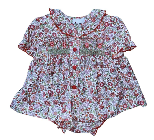 Girls Rust Floral Button Front Smocked Bloomer Set