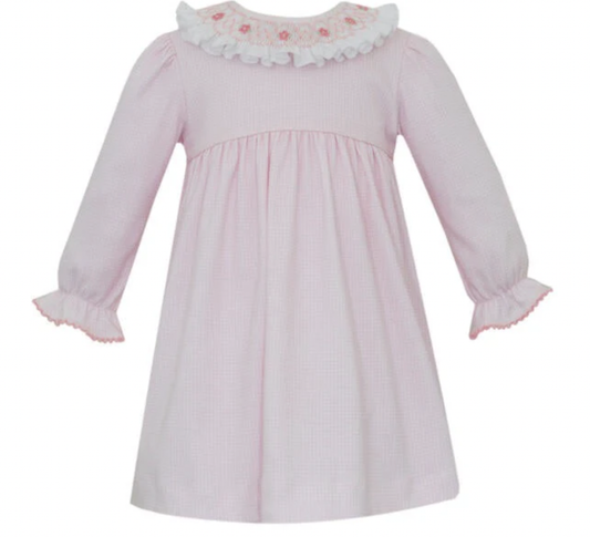 Stephanie Pink Gingham Knit Dress w/ Smocked Collar