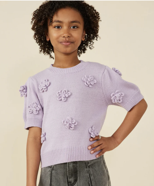 Hand Knit Floral Patch Sweater Top Lavender