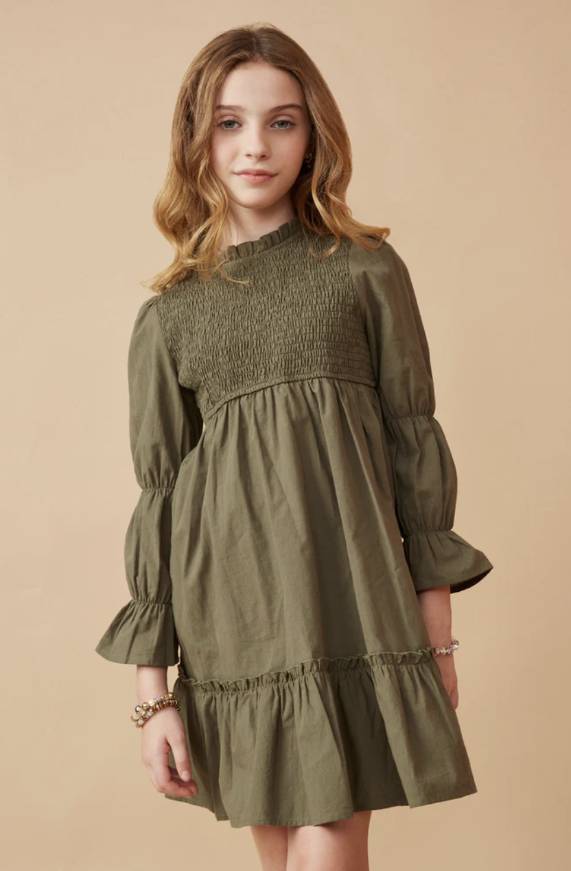 Poplin Smocked Bodice Peasant Sleeve Dress Olive