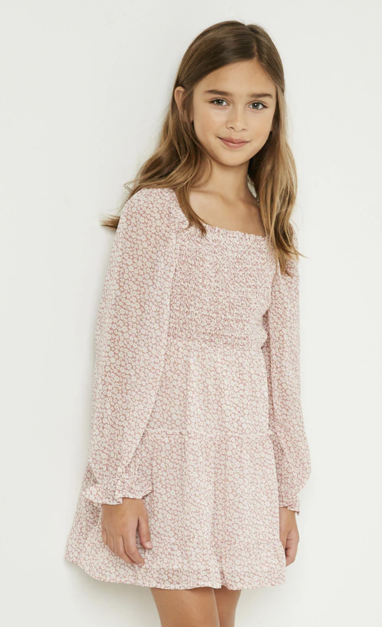 Smocked Floral Dress Mauve