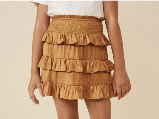 Shimmery Ruffle Tiered Smocked Waist Skirt Camel