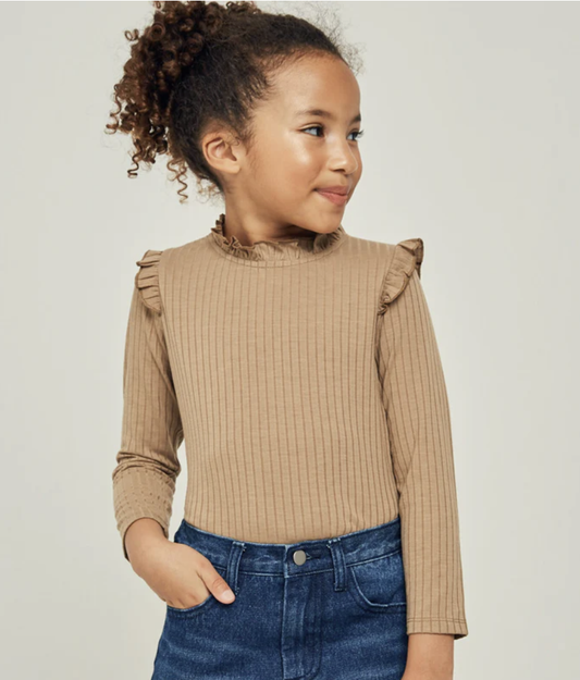 Ribbed Ruffle Mock Neck Long Sleeve Top Chestnut