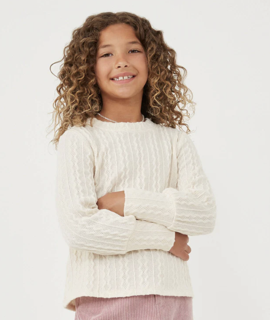 Long Cuff Cable Knit Pullover Top Ivory