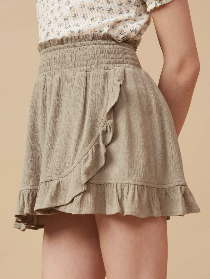 Smocked Waist Asymmetric Ruffle Detail Skirt Olive