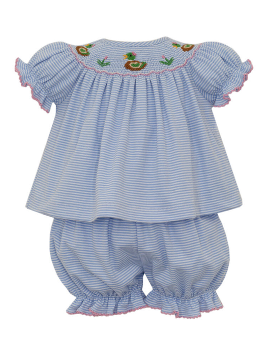 Petit Bebe Mallard Duck Blue Stripe Knit Bishop Bloomer Set