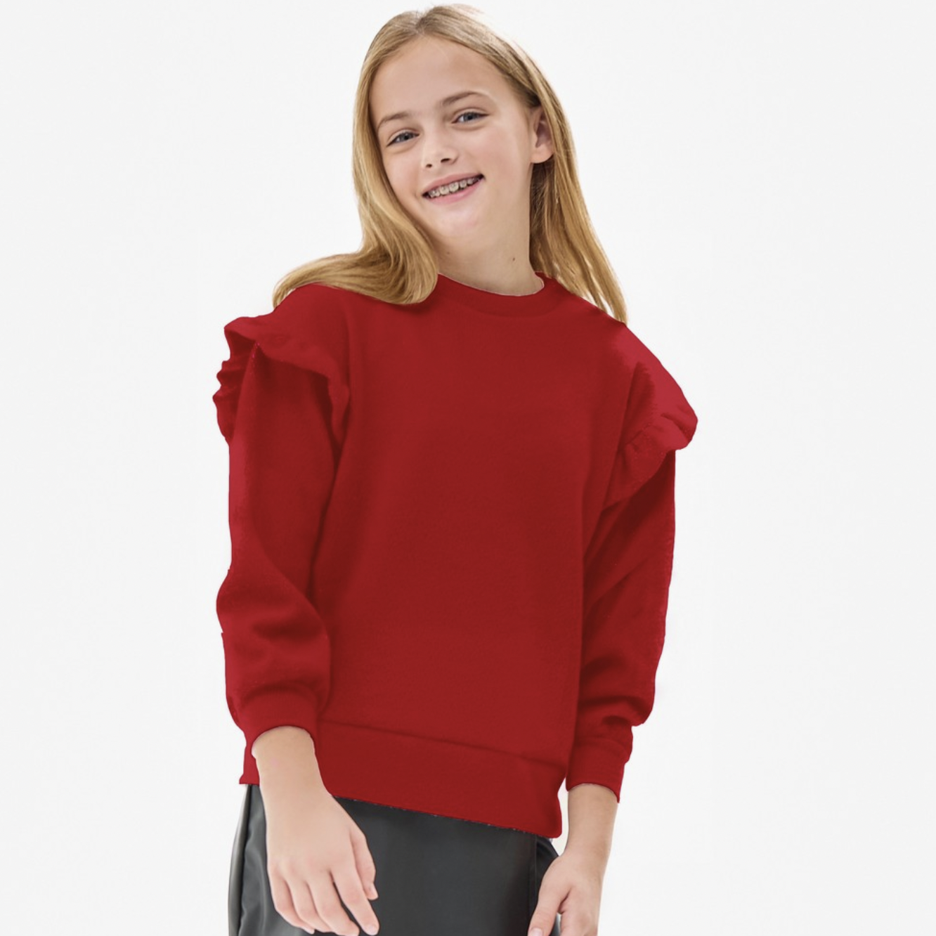 Red Ruffled Brush Knit Sweater