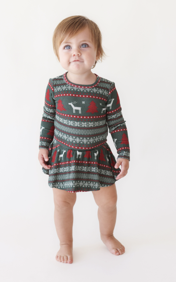 Posh Peanut Holiday Fair Isle LS Basic Twirl Skirt Bodysuit