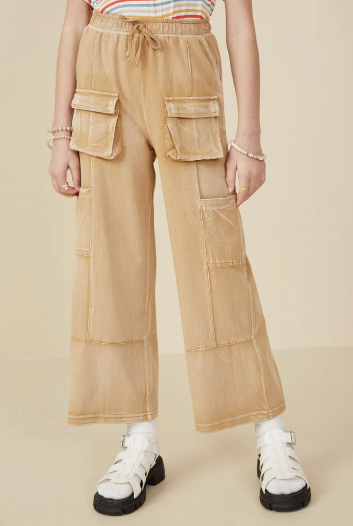 Taupe Washed Cargo Pocket Wide Leg Pant