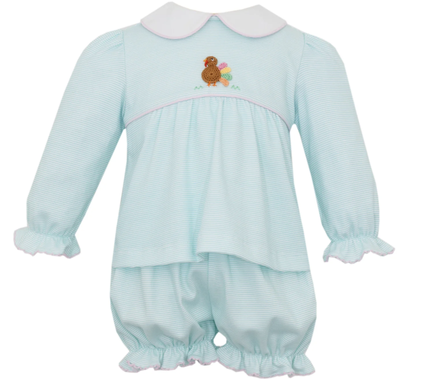 Petit Bebe Turkey Girl Aqua Pin Stripe Bloomer Set