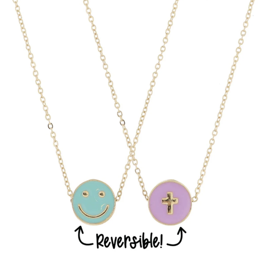 Kids Reversible Purple/Teal Smiley Face Necklace