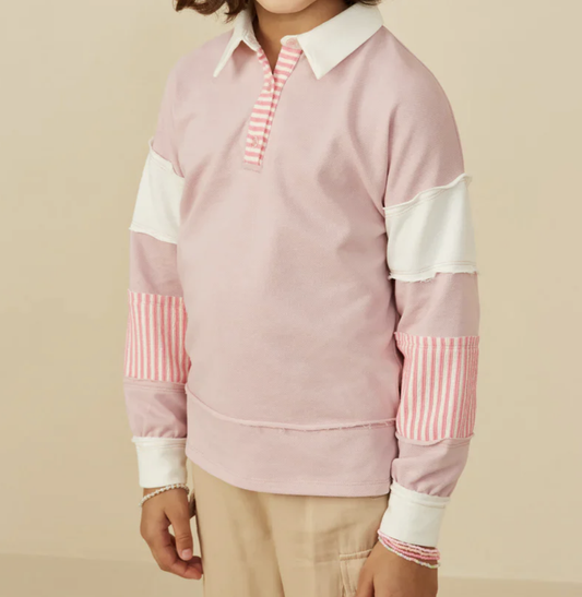 Mixed Media Print Blocked Knit Rugby Shirt Pink