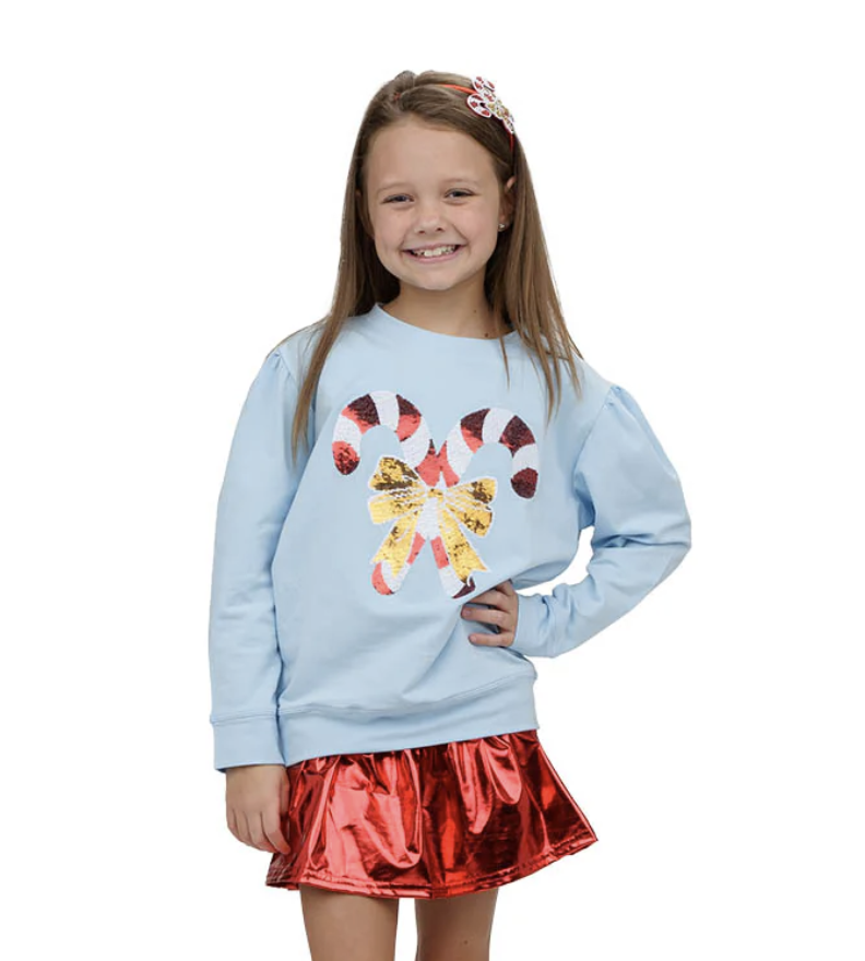 Holly Lt Blue Sweatshirt Sequin Candy Canes