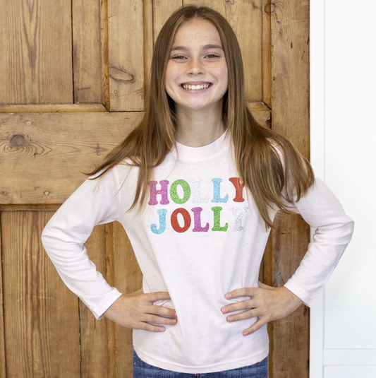 Youth Holly Jolly Glitter Long Sleeve Crew Neck T-Shirt