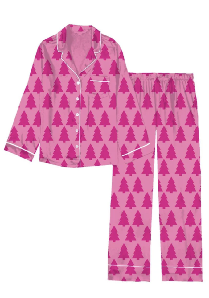 Adult Dreaming of a Pink Christmas Silky Satin Pajama LS Set