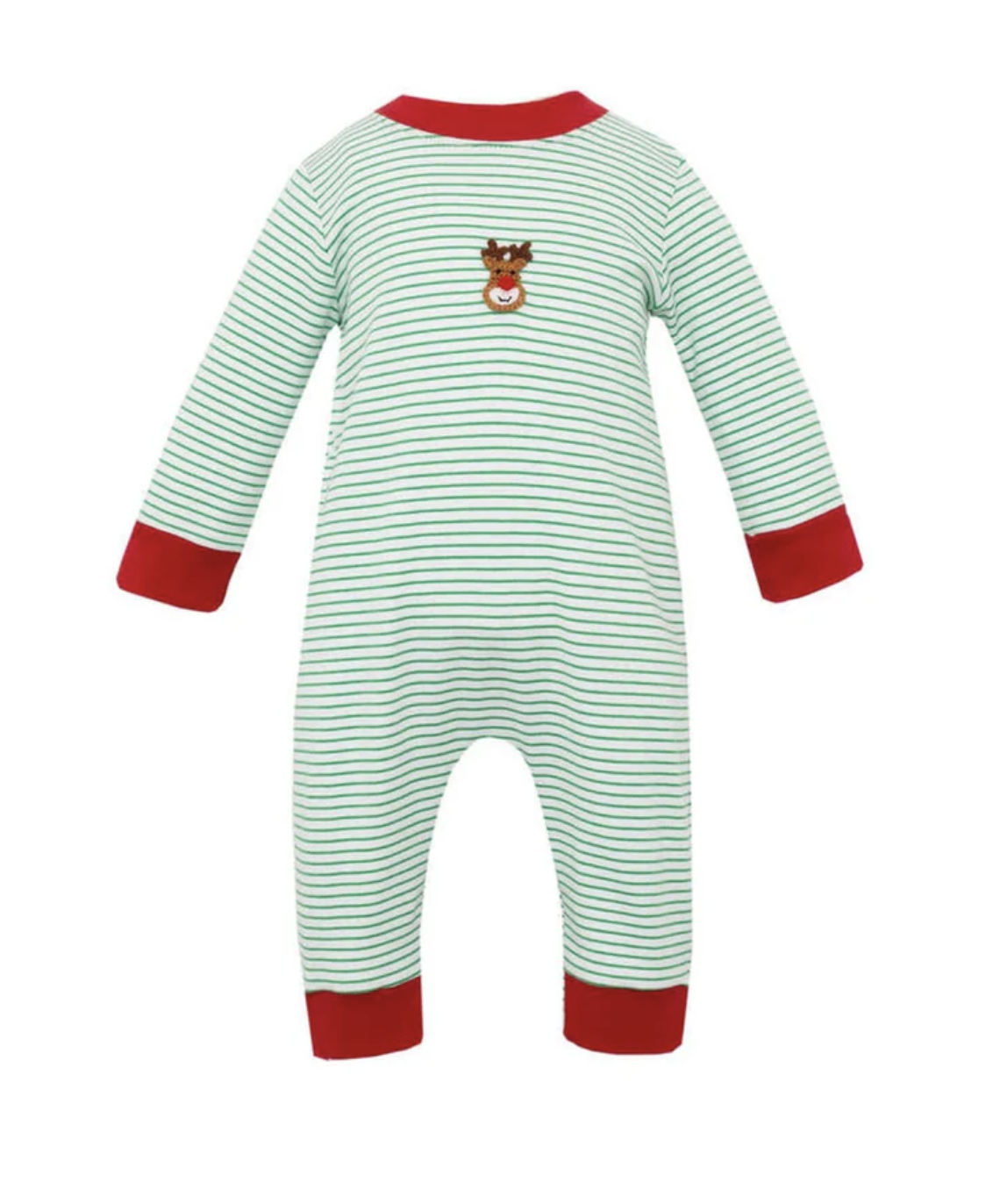 Petit Bebe Reindeer Face Green Stripe Boy Long Romper