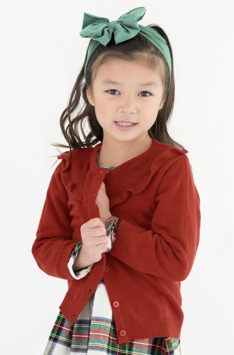 Classic Red Sweater Ruffle Trim Cardigan