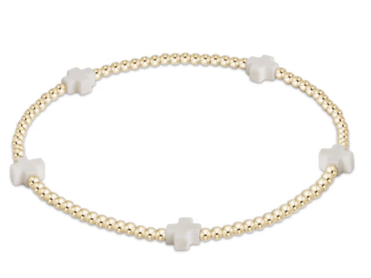 signature cross small gold pattern 2mm bead bracelet- OffWhite