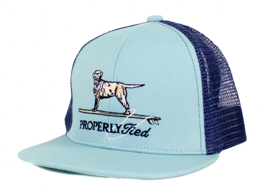 Properly Tied Boys Trucker Hat Surfing Dog