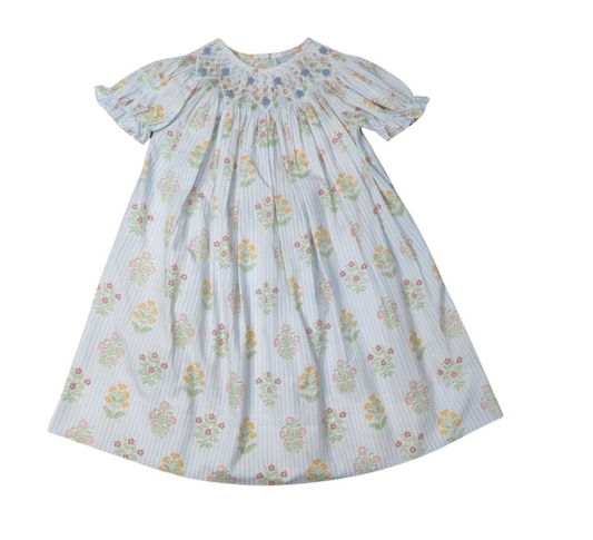 Girls Blue Stripe Floral Fabric SS Bishop Dress