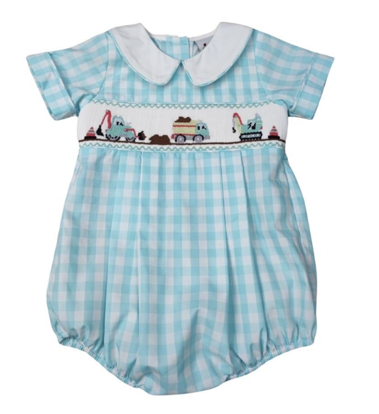 Boys Mint Check Bubble Smocked Work Trucks