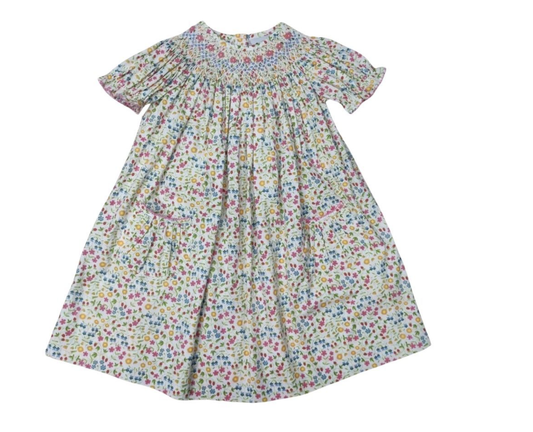 Girls Spring Floral SS Smocked Floral Bishop Dress