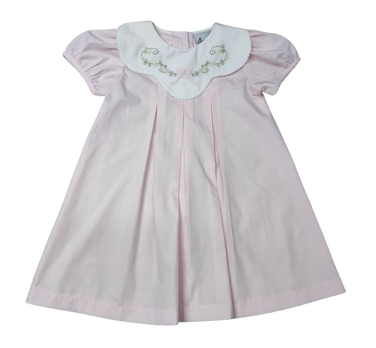 Girls Pink SS Shadow Embroidered Collar 3 Pleat Dress