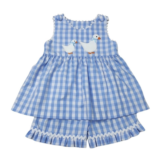 Girls Blue Check Short Set w/Mommy Duck & Babies