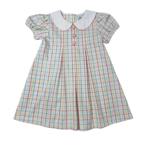 Girls Summer Plaid Pleated Front Peter Pan Collar Dress