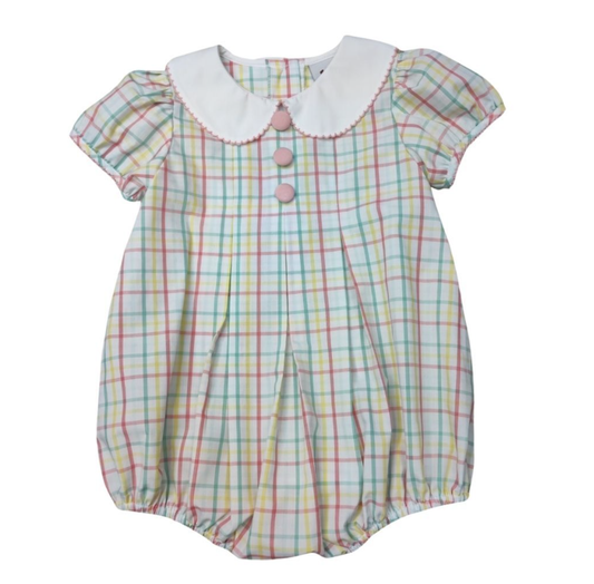 Girls Summer Plaid Pleated Front Peter Pan Collar Bubble