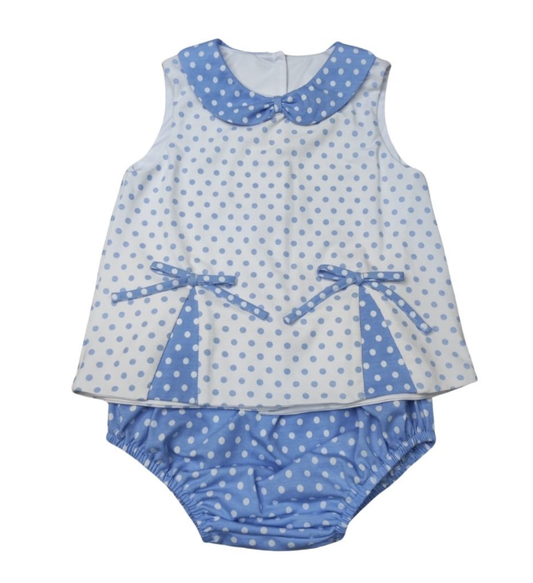 Girls White/Blue Dot Pleated Front Peter Pan Collar Bloomer Set