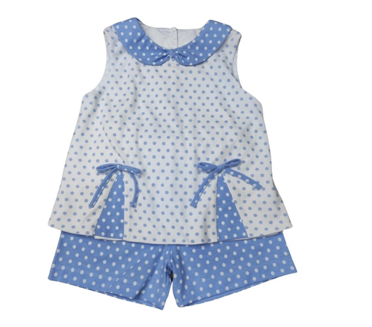 Girls White/Blue Dot Pleated Front Peter Pan Collar w/Dots Short Set