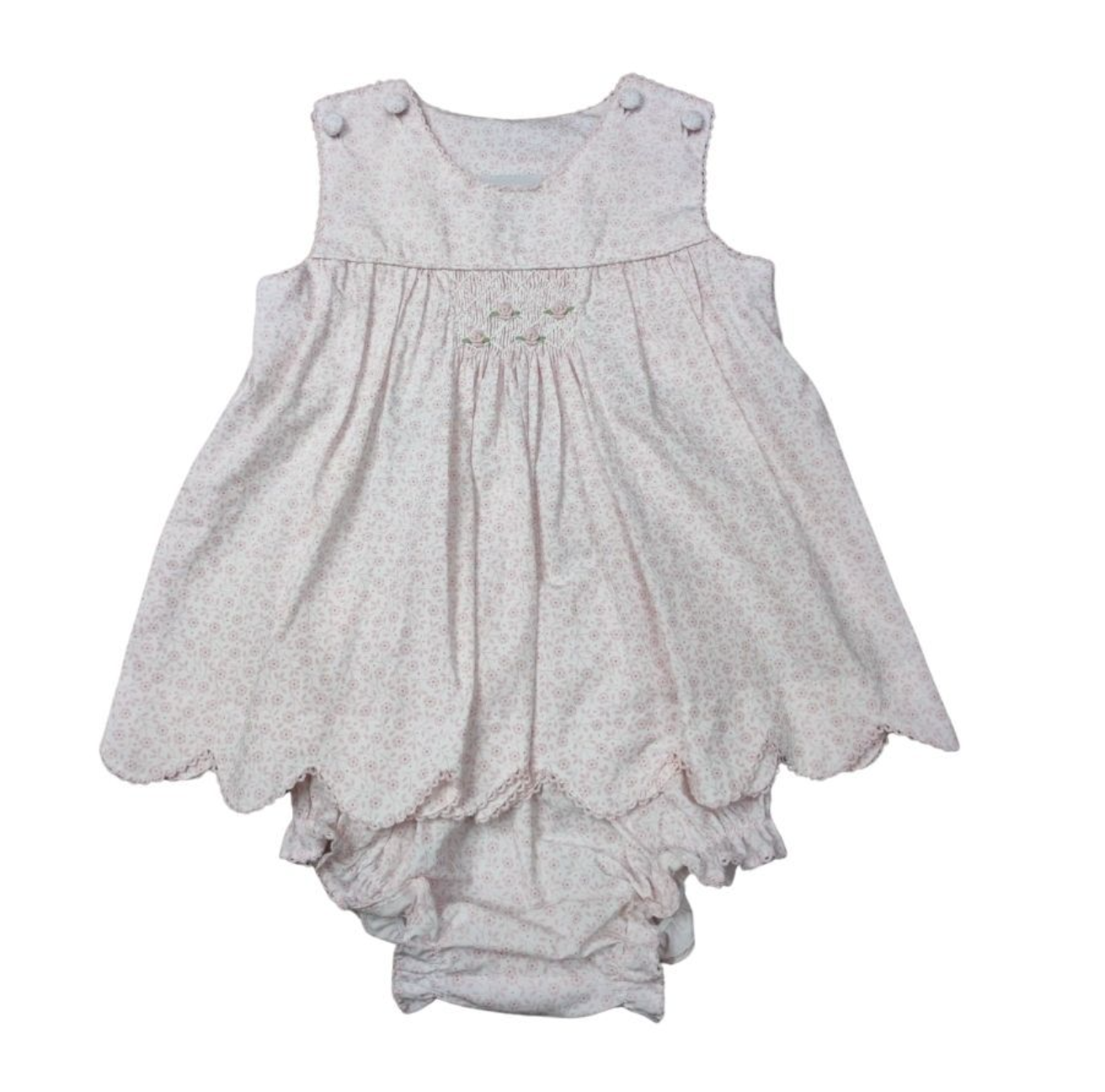 Girls Soft Pink Petal Smocked Button Shoulder Bloomer Set